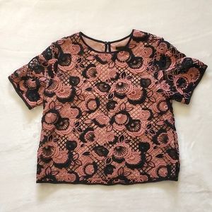 Ann Taylor Navy and Rose Overlay Blouse 0